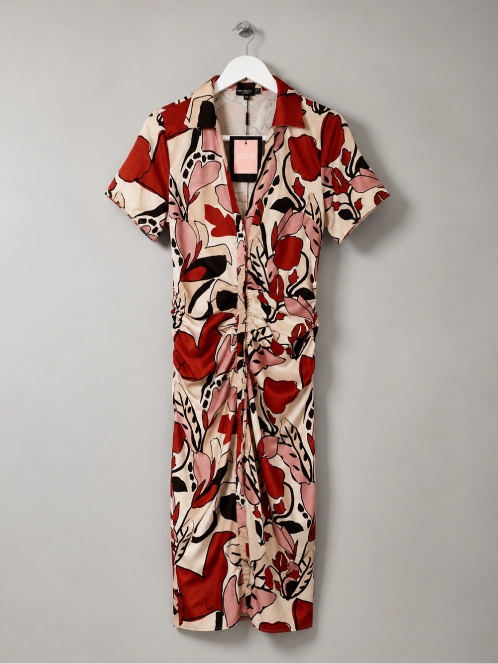 PrettyLittleThing Abstract Floral Print Ruched Midi Dress Size 8 NWT - Picture 2 of 10